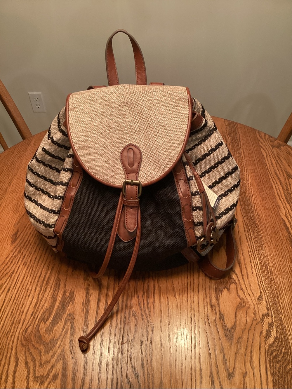 Lucky Brand Kendal Striped Canvas & Brown Leather Drawstring Backpack